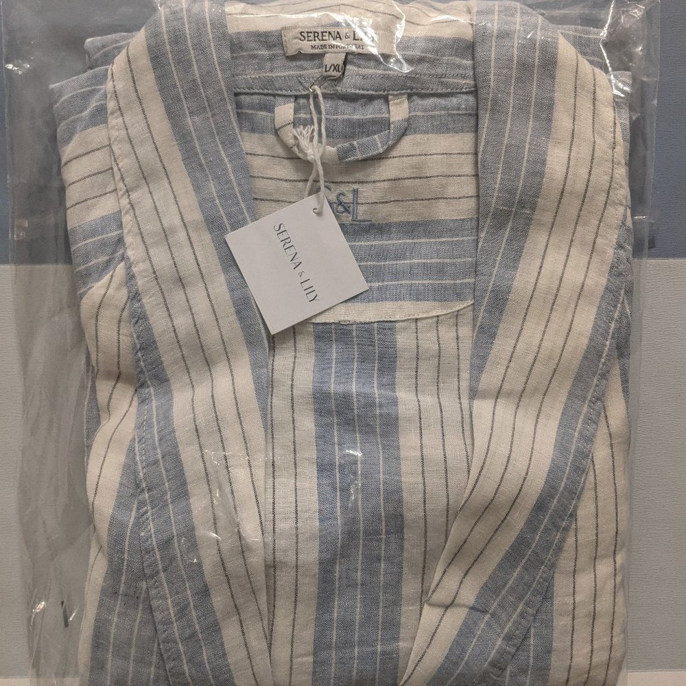 Linen Porto Bath Robe Blue Stripe - Serena & Lily - Picture 3 of 3